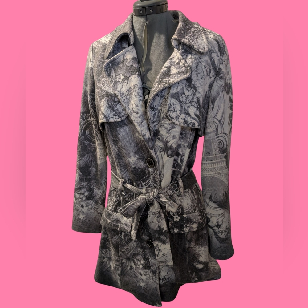 Alberto Makali women's Soft Gray White Floral Trench Coat Angora Blend Lux Large